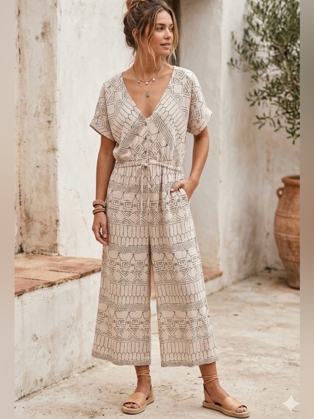 World Market New Linen Bohemian Wide Leg Cropped Jumpsuit Size XL